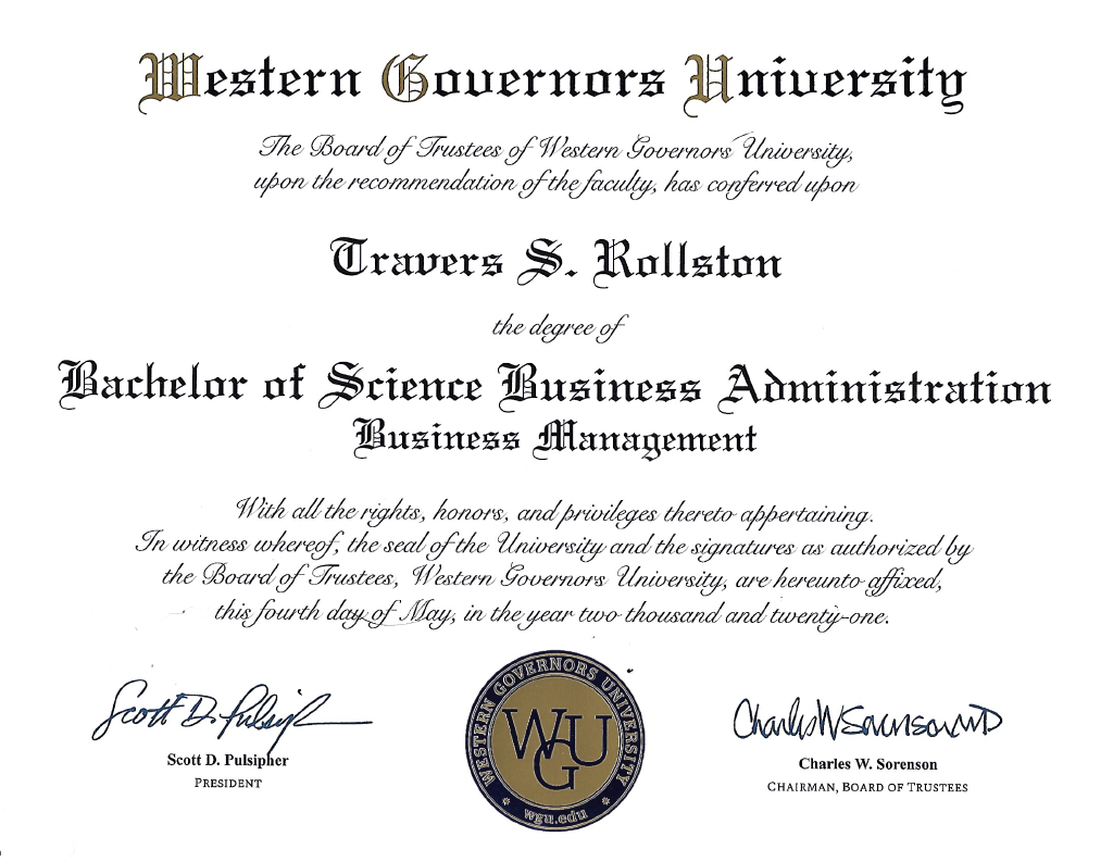 A photo of Travers' business degree.